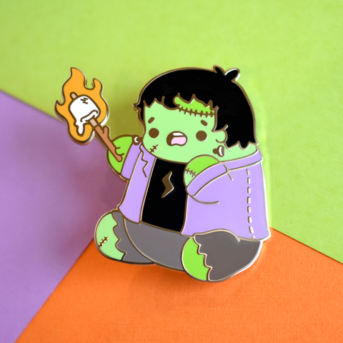 Bright Bat Frankenstein's Campfire Enamel Pin
