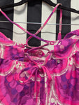Vintage 70s Purple and Pink Scallop Pattern Criss Cross Back Halter Dress