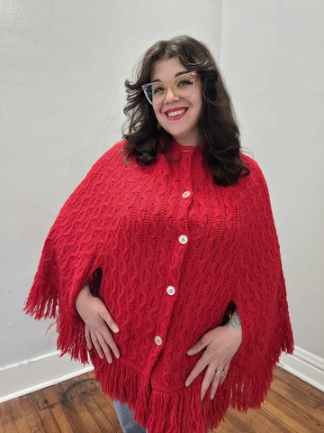 Vintage 70's Red Knit Cape with Fringe