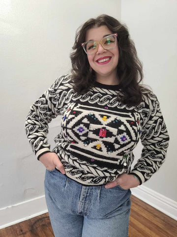 Vintage 80's Black and White Bejeweled Sweater