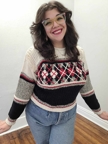 Vintage 90's White, Red, and Black Argyle Sweater