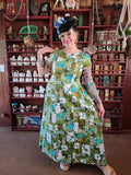 Vintage 60s Green Tropical Maxi Dress