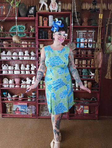 Vintage Volup 1960's Blue Green Paisley Wiggle Dress