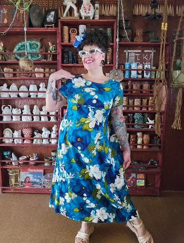 Vintage Blue Floral Tropical Dress