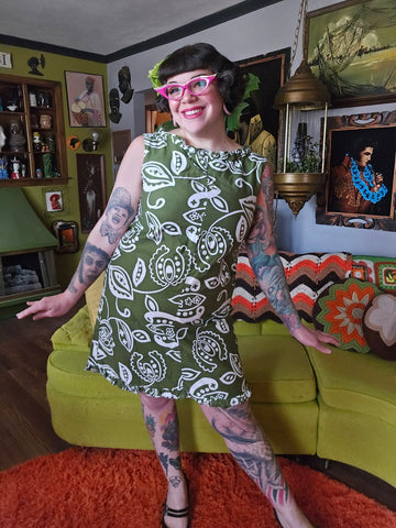 Vintage 1960's Olive Green Hawaiian Dress