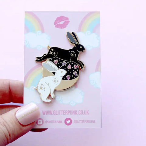 Glitter Punk Black and White Hares Moon Enamel Pin