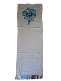 Vintage Barkcloth Table Runner Grey with Teal Hibiscus Floral Applique