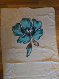 Vintage Barkcloth Table Runner Grey with Teal Hibiscus Floral Applique