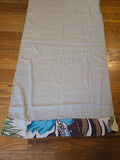 Vintage Barkcloth Table Runner Grey with Teal Hibiscus Floral Applique