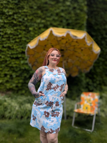 Vintage 60s Blue and Brown Floral Smock Dress