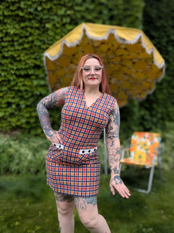 Vintage 60s Red Orange Yellow Square Print Tweed Dress