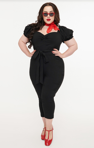 Unique Vintage Solid Black Belted Jumpsuit