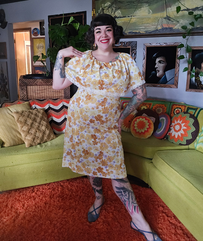 Vintage Volup Yellow Floral peasant dress