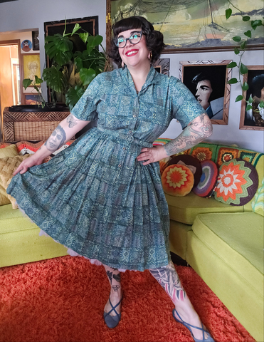 Vintage Volup Pastel Blue and Green Paisley Shirt Dress