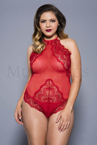 Music Legs high neck scalloped trim lace teddy with sheer back