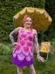 Vintage 70s Purple and Pink Scallop Pattern Criss Cross Back Halter Dress