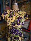 Vintage 40s yellow & purple floral rayon dress
