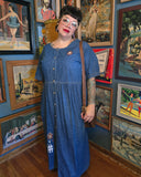 Vintage 90s Embroidered Bird House Denim Dress