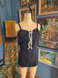 Vintage 50s Black Swimsuit with White Lace Ruffle
