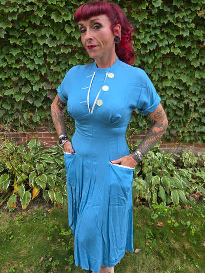 Vintage 1940 Blue Dress with Large Buttons