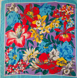 Vintage 70s Red Yellow Blue Purple Floral Silk Scarf