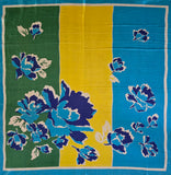 Vintage 70s Blue Green and Yellow floral silk scarf
