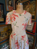 Vintage 40s white and pink lily drop waist day dress