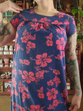 Vintage Ui Maikai Blue and Red Hibiscus Dress