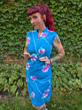 Vintage 70s Blue Hawaiian Dress with Purple Orchids