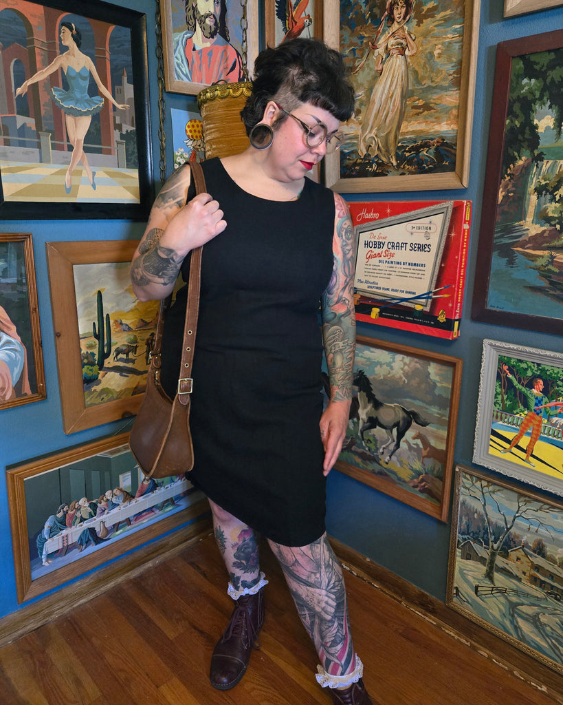 Vintage 90s Black Linen and Rayon Wiggle Dress