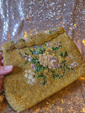 Vintage 60s Gold Beaded Bag with pink Roses