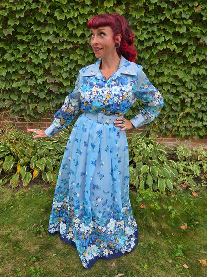 Vintage 70s Blue Floral Maxi with Belt