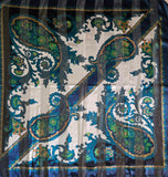 Vintage 80s blue and green paisley square scarf