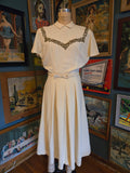 Vintage 50s white & gold embroidered wool dress