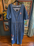 Vintage 90s Embroidered Bird House Denim Dress