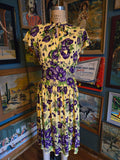Vintage 40s yellow & purple floral rayon dress