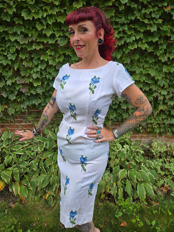 Vintage 60s White Wiggle Dress with Blue Roses