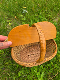 Vintage 50s Brown Wicker Basket Purse with Flowers
