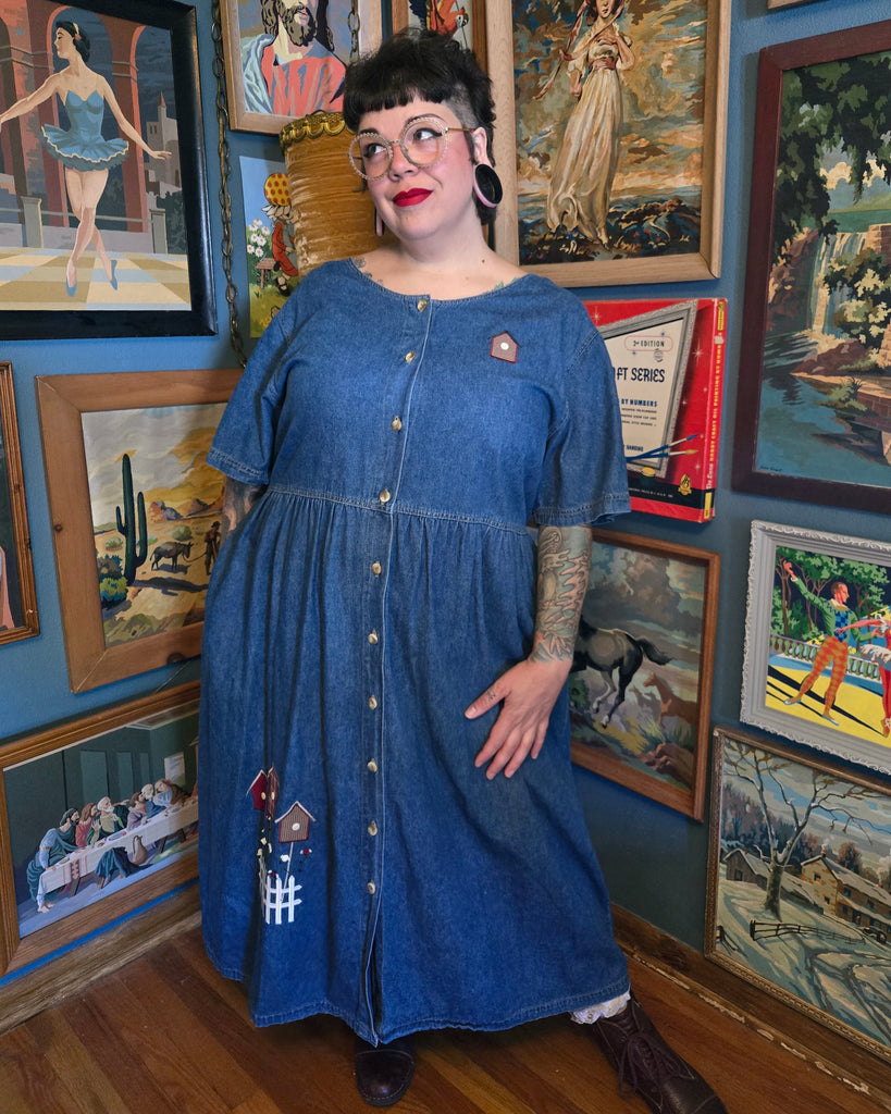 Vintage 90s Embroidered Bird House Denim Dress