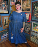 Vintage 90s Embroidered Bird House Denim Dress