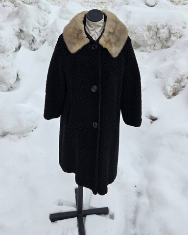 Vintage 1950s Black Persian Wool Coat with Mink Collar