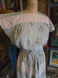 Vintage 40s blue floral and white lace cotton day dress