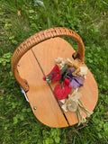 Vintage 50s Brown Wicker Basket Purse with Flowers