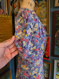 Vintage 40s blue yellow pink sheer floral rayon dress