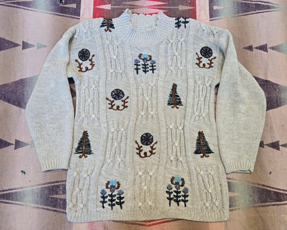Vintage 90s Cream Floral Tree Knit Sweater