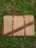 Vintage 70s Woven Wicker Bag with Leather Strap