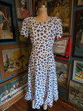 Vintage 40s white & blue floral rayon dress with ruffles