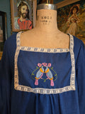 Vintage 70s Royal Blue Long Sleeve Bird Embroidery Top