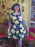 Vintage 90s Yellow Rose Navy Dress