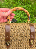 Vintage 60s Brown Straw Bag with Bamboo Handle